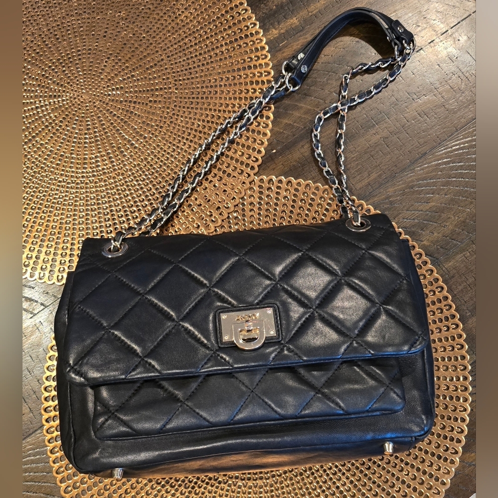 DKNY Black Genuine Leather Quilted Chain Shoulder Bag